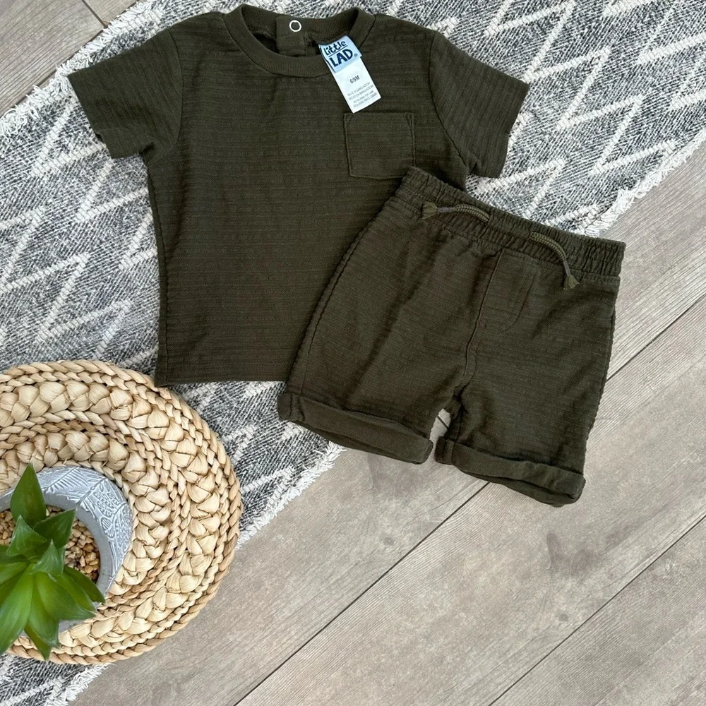 New Little Lad Baby Boy Dark Green Modern Textured Shirt & Shorts Outfit Set